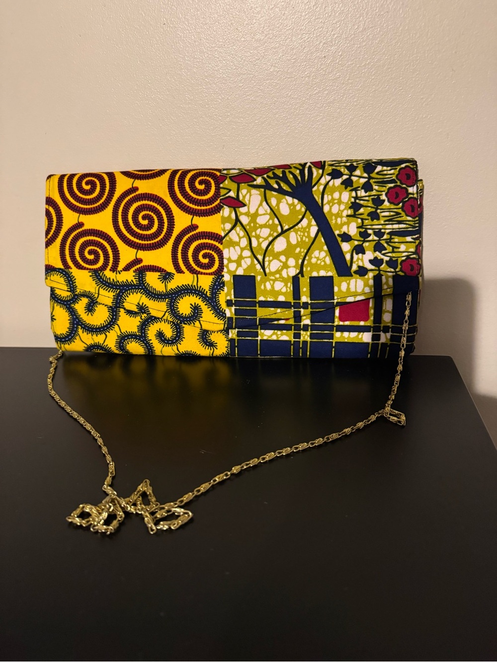 Vibrant Yellow Patchwork Print Clutch with Gold Chain